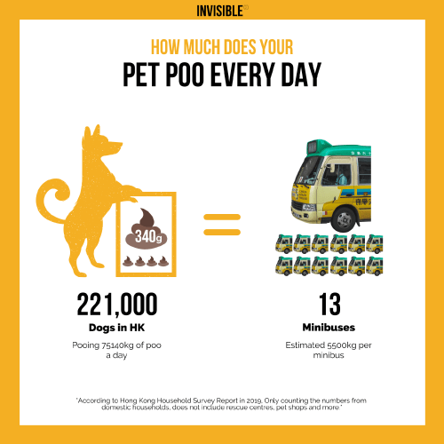 環保寵物用品#INVISIBLEPOOBAG| 平均一隻狗每天大約會排出 340 克的糞便，以香港的 22 萬寵物狗隻1為例，每天平均便會產 生 7 萬多公斤的糞便，即相等於 13 架小巴的重量。