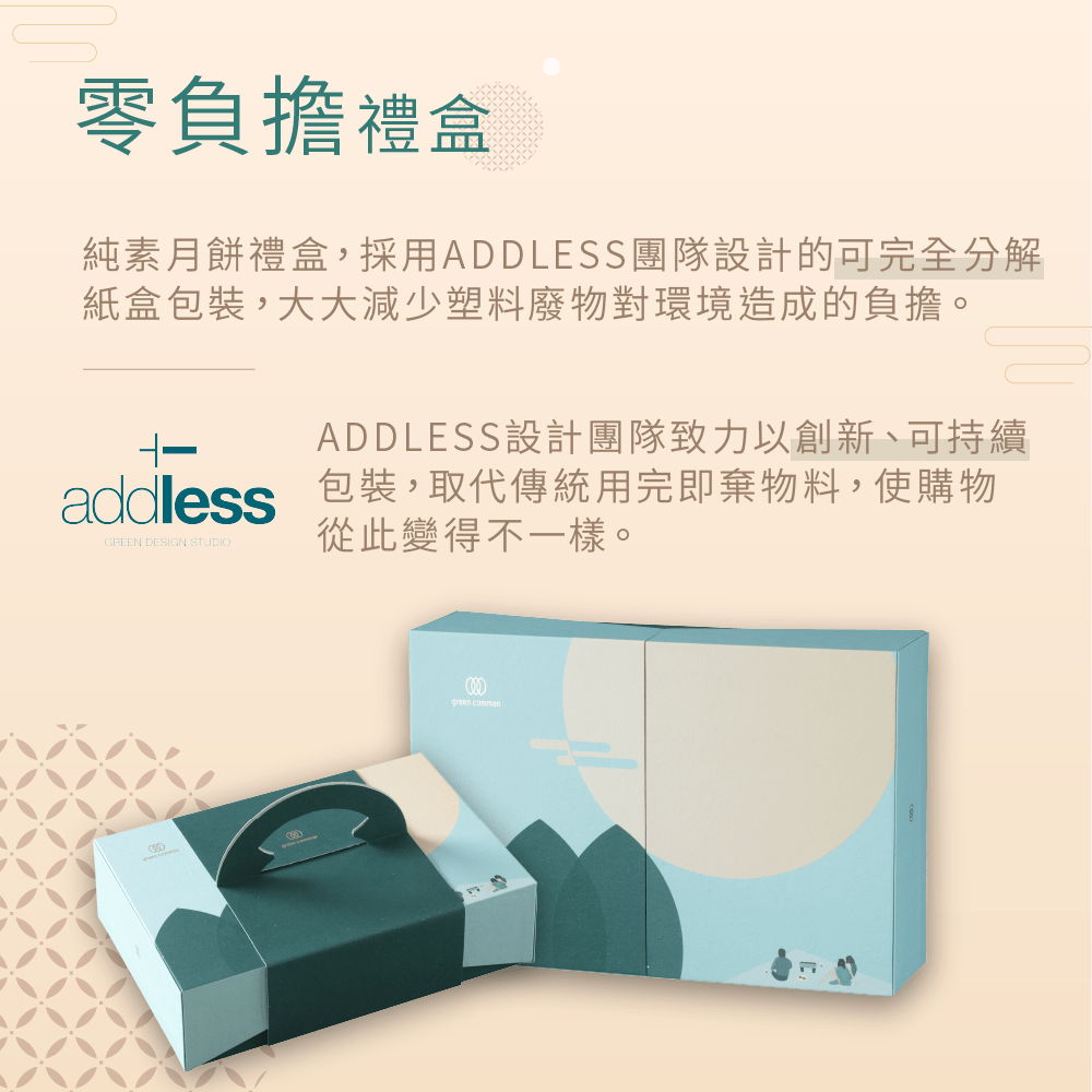 Green Common純素月餅禮採用ADDLESS團隊設計的可完全分解紙盒包裝。